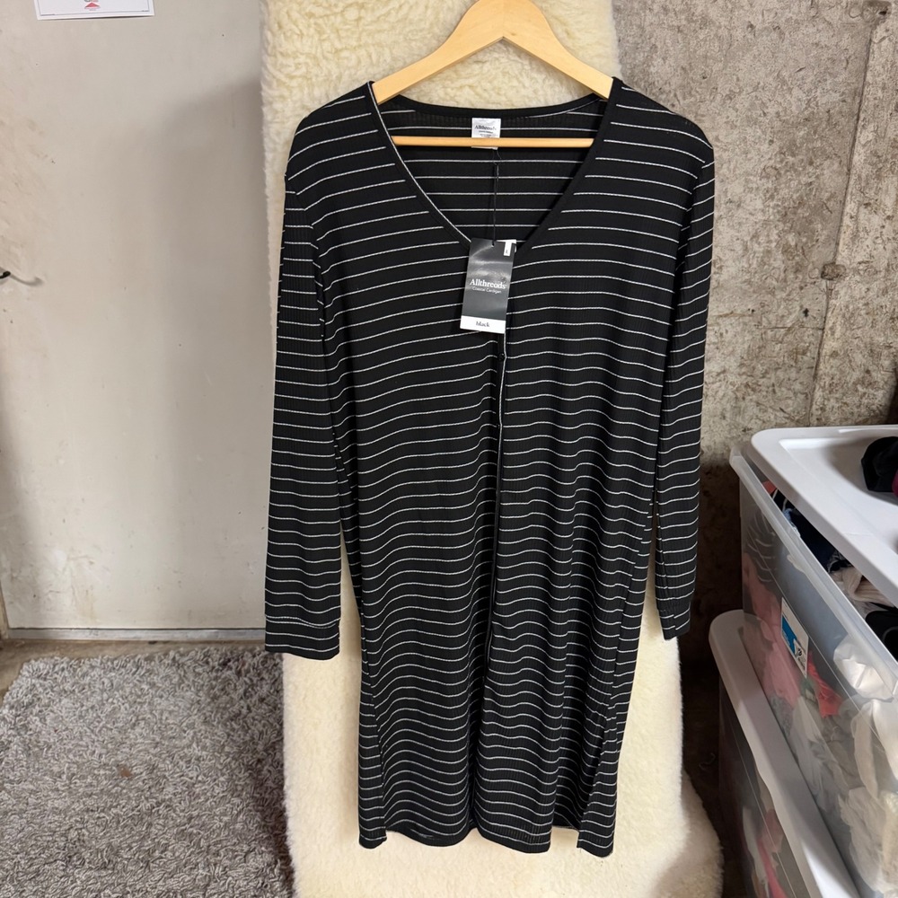 Allthreads Coastal Cardigan Womens Large Black White Striped Ribbed Longline NWT
